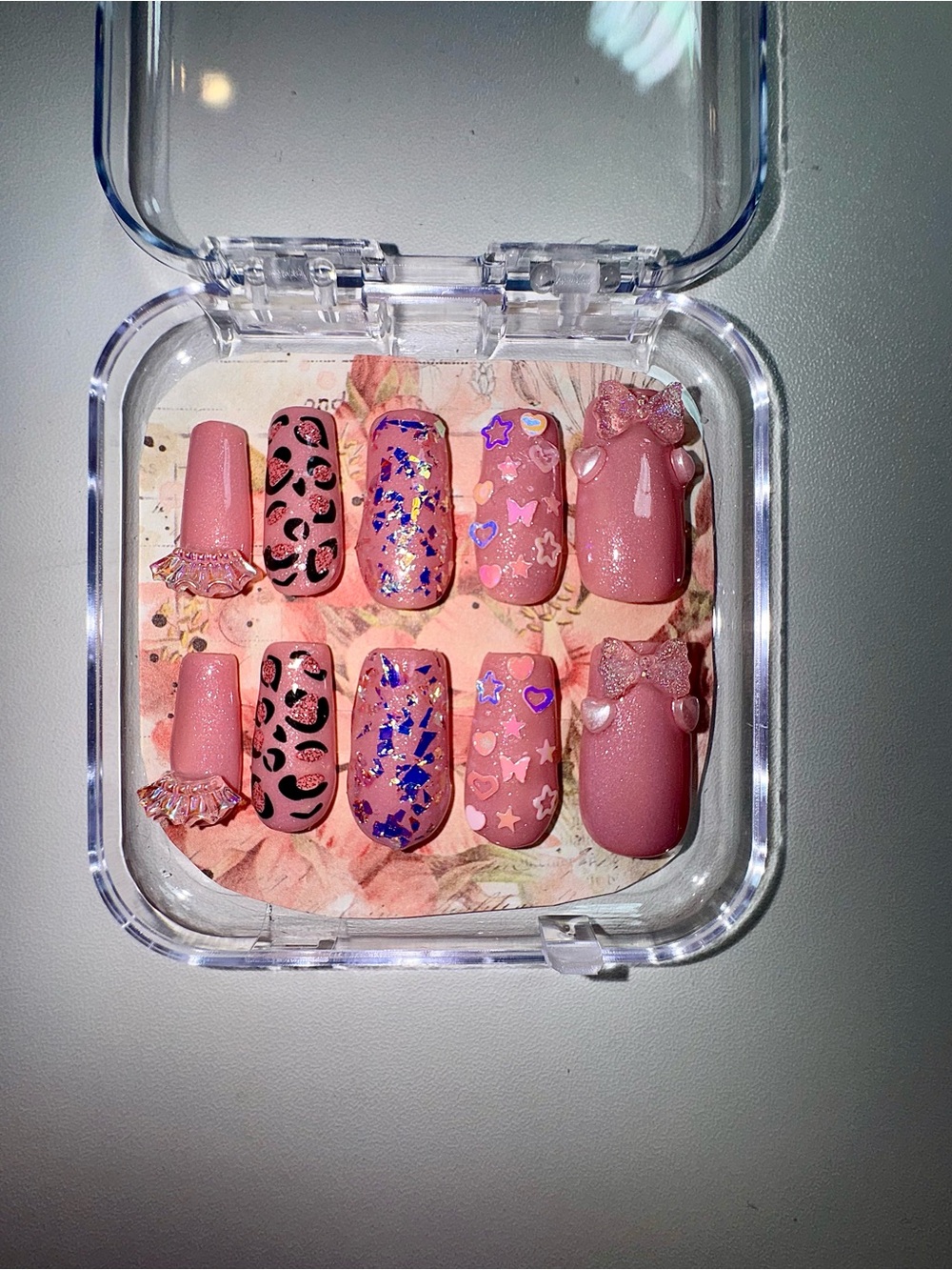 Handmade Pink Glittery Y2K Press On Nails With Charms